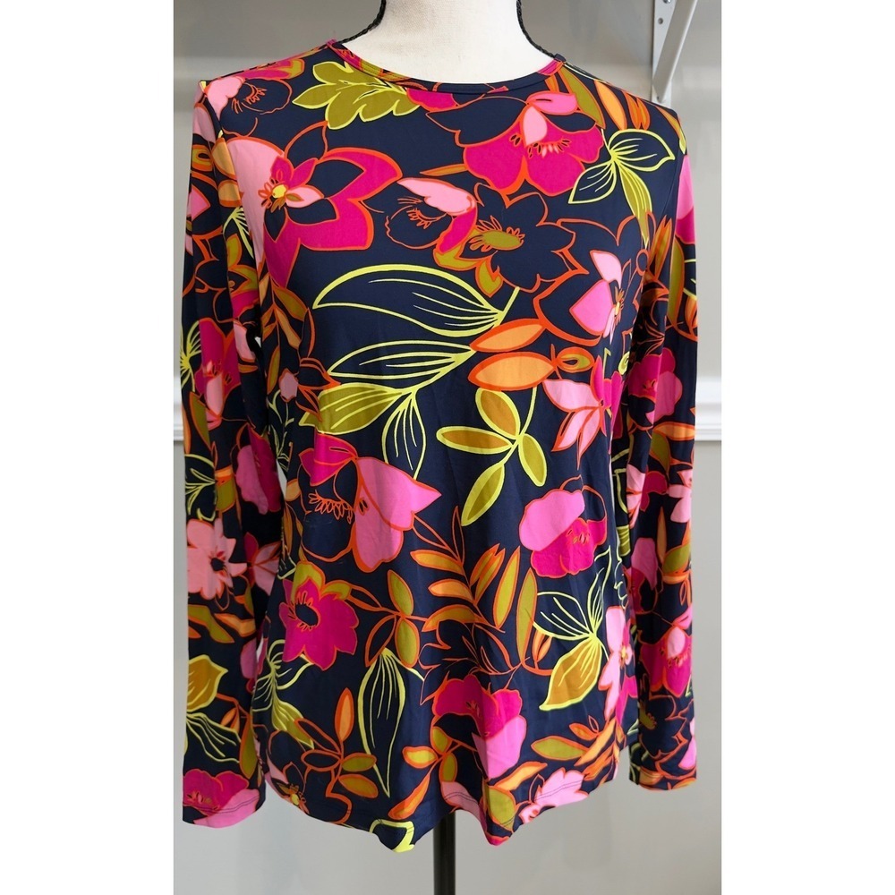 Lands End Navy Blue Pink Floral Long Sleeve Crewneck Jersey Top Womens M - Picture 2 of 4